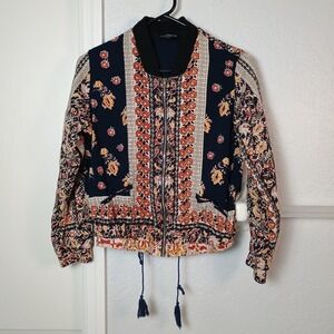 Angie Bohemian Bomber Jacket Women's Small Beautiful Floral Pattern Black/Multi